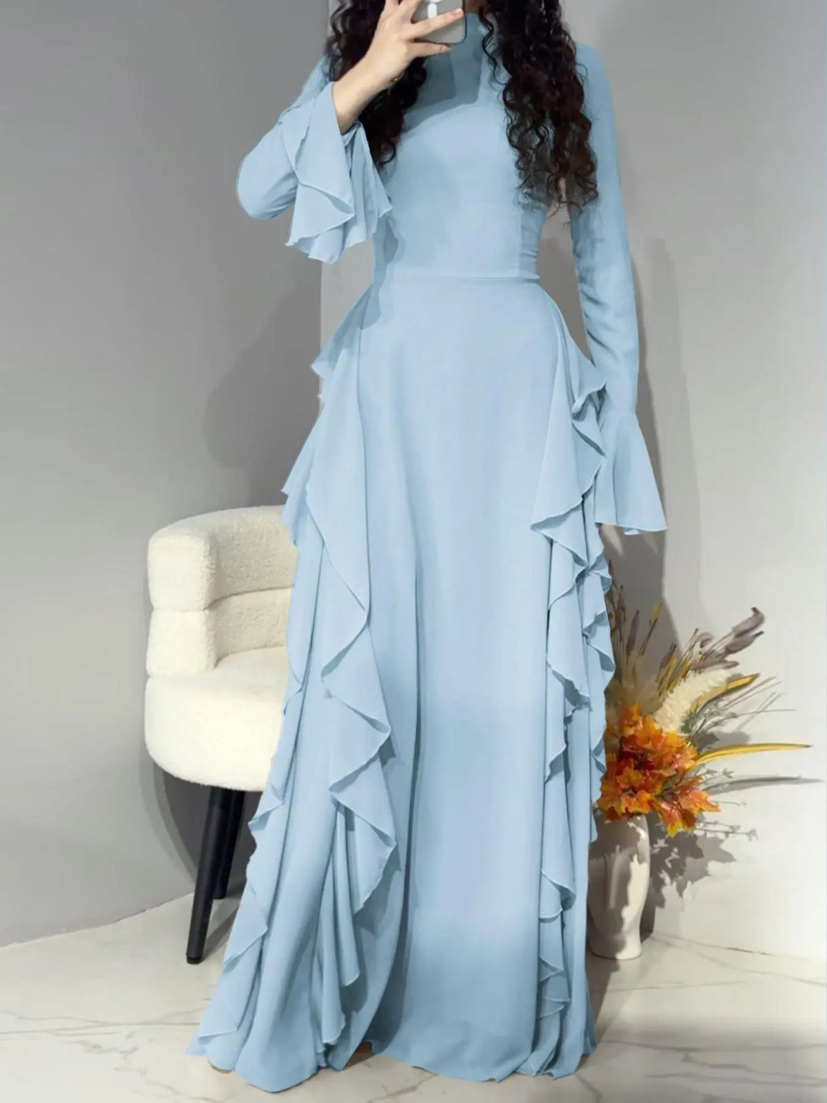 Pure Color Flared Sleeve Waist Cinching Long Dress, Slim-Fitting Holiday Style, Spring & Fall Fashion, Plain Pattern, Women's Clothing