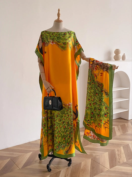 Women's Fashion Print Long Robe Outfit Set, Moomoo Dress + Scarf Headband, Casual Woven Fabric Thin All-Season Wear, Beach Sun Protection