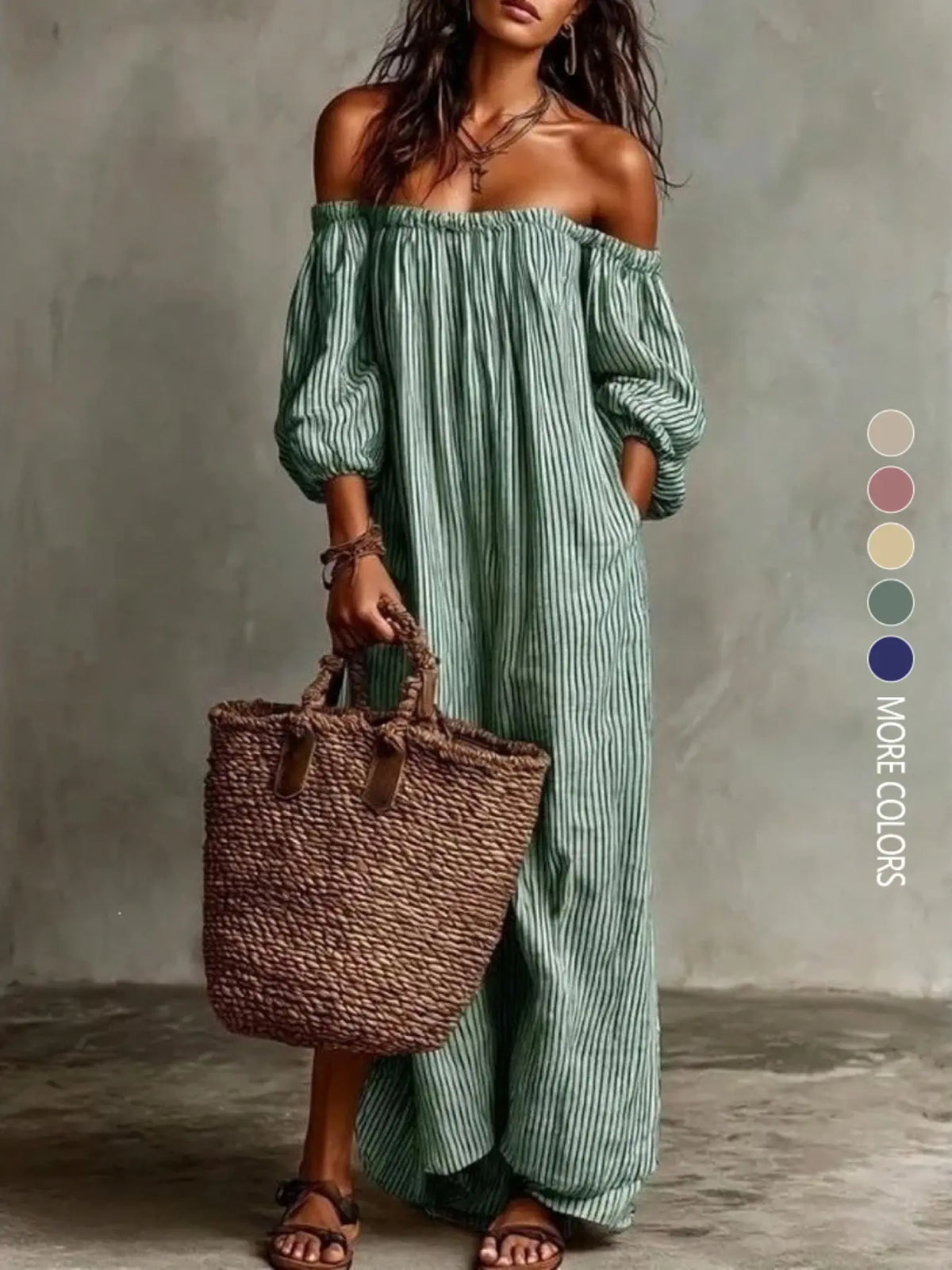 Summer New Elegant Chic Loose Off-Shoulder Striped Dress Sundress