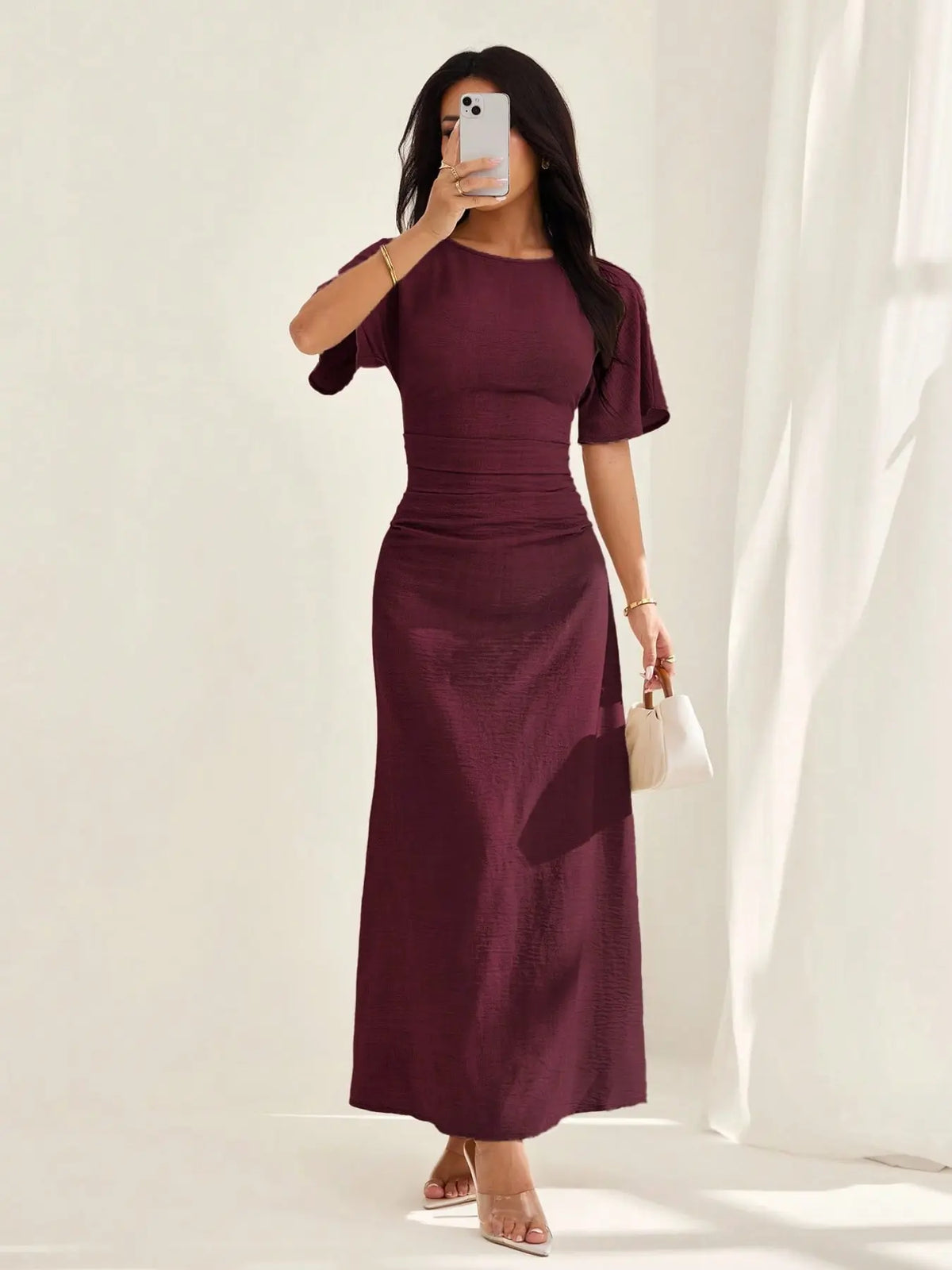 Women's Elegant Casual Summer Short Bodycon Plain Ruched Round Neck Dress, Lady, Solid Pattern, No Ca Prop 65, Stylish Design, Perfect for Warm Weather, Comfortable & Chic, Womenswear