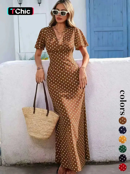 Women's Bohemian Boho Style V-Neck Short Sleeve Long Dress, Summer Casual Polka Dot Vacation Style, New European and American Fashion Casual Wear Boho Dresses
