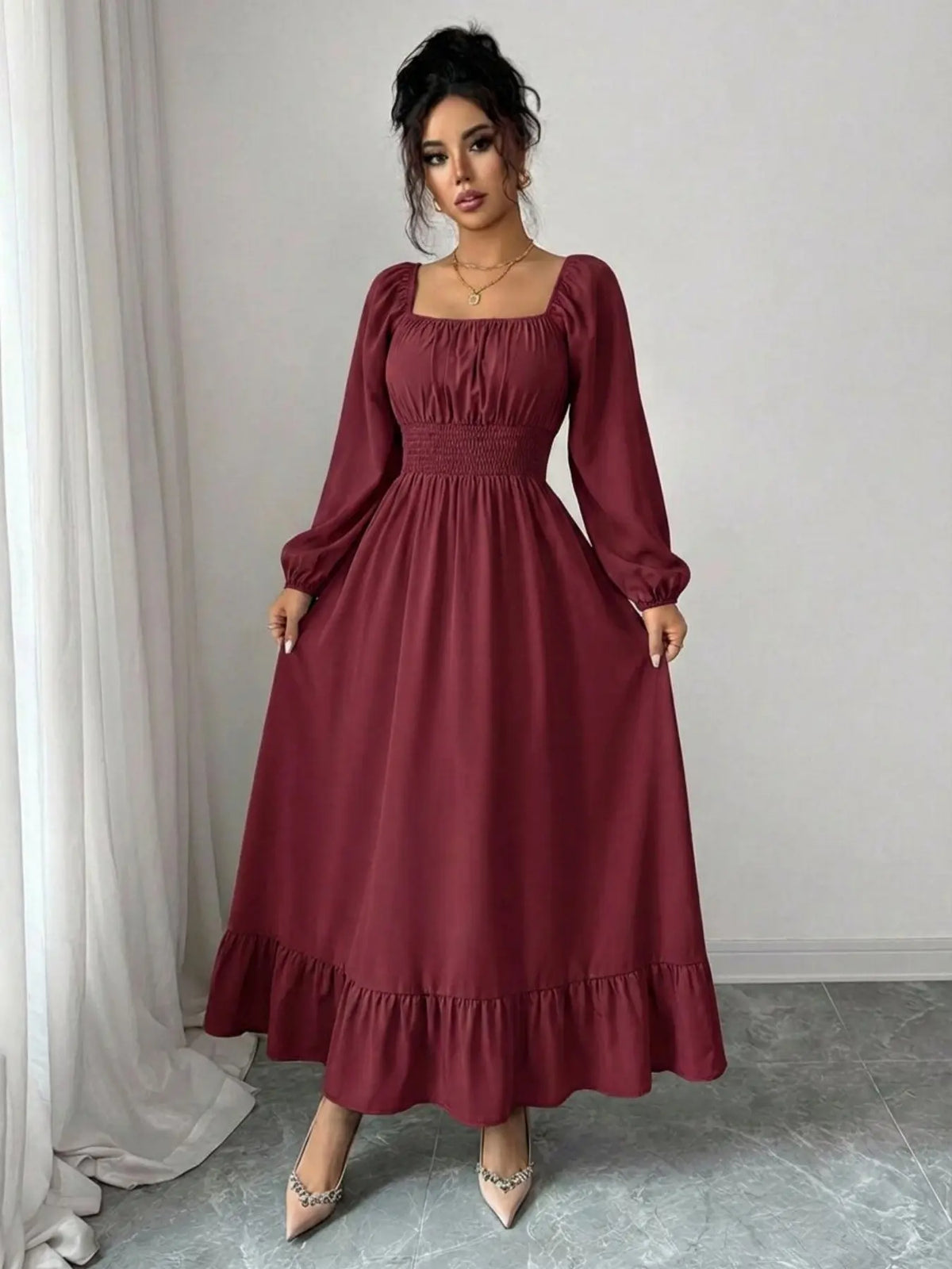Spring & Fall Casual Lady Womenswear Square Neck Long Sleeve Ruched Waist Pleated Beach Vacation Mid-Length Solid Color Dress Casual Elegant Dresses Casual Boho Chic Boho Fashion Dress Style Elegant