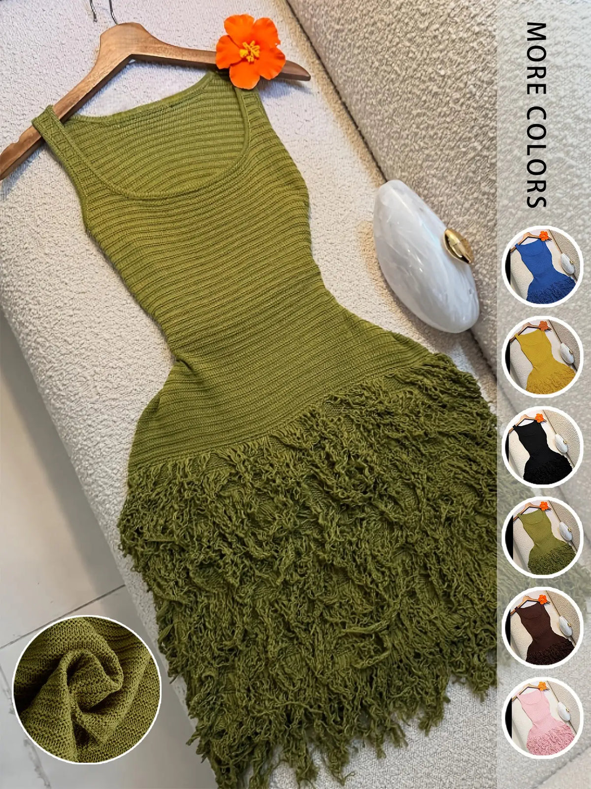 Elegant Knitted Dress for Women, Summer Vacation Fringe Dress, Slim-Fitting Bodycon Summer Dress, Plain Round Neck Sleeveless Dress for Spring & Summer