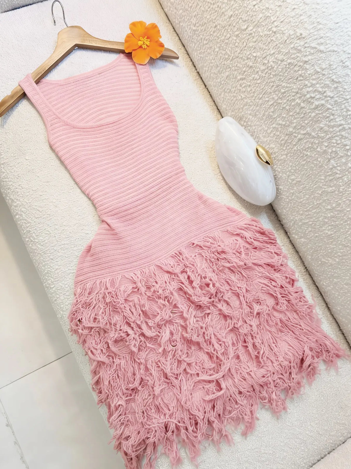 Elegant Knitted Dress for Women, Summer Vacation Fringe Dress, Slim-Fitting Bodycon Summer Dress, Plain Round Neck Sleeveless Dress for Spring & Summer