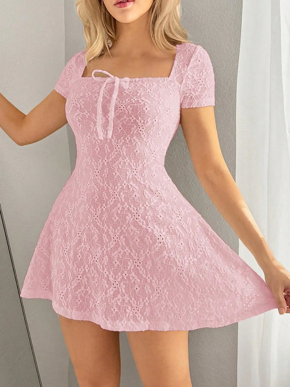 Women's Square Neck Bow Short Sleeve Mini Y2K Summer Dress, Casual Dresses, Stylish and Trendy, Perfect for Casual Wear, Unique Design for Everyday Style, Casual Cute Clothes