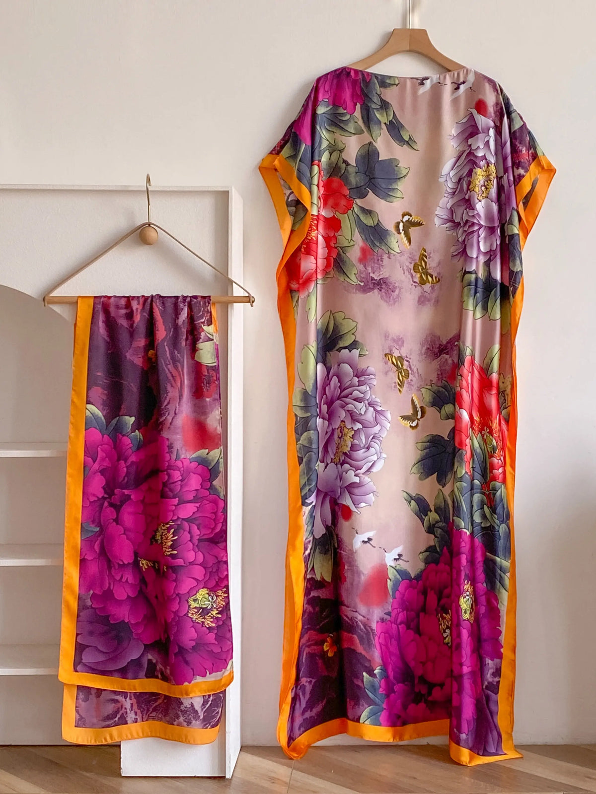 Women's Fashion Print Long Robe Outfit Set, Moomoo Dress + Scarf Headband, Casual Woven Fabric Thin All-Season Wear, Beach Sun Protection