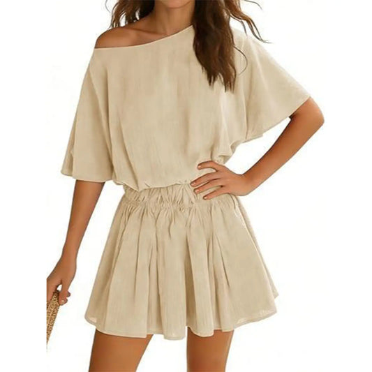 Yousify Women's Solid Off-the-Shoulder Summer Mini Dress - Loose, Cinched Waist, Ruffled A-Line, Short Batwing Sleeves, Casual Stylish Women's Dresses