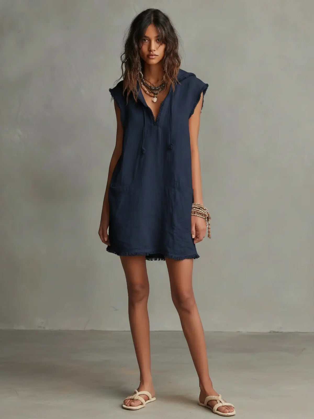 Minimalist Lightweight Linen Blend Sleeveless Dress with Hat, Summer V-Neck Frayed Edge Short Mini Dress, Women's Vacation