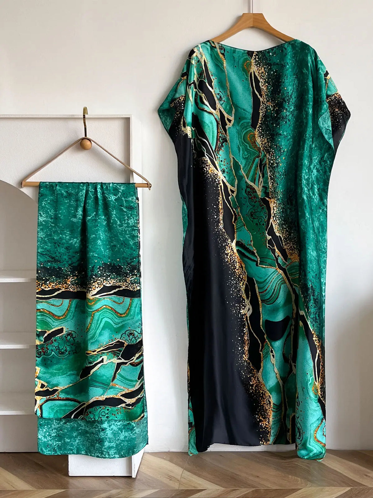 Women's Fashion Print Long Robe Outfit Set, Moomoo Dress + Scarf Headband, Casual Woven Fabric Thin All-Season Wear, Beach Sun Protection