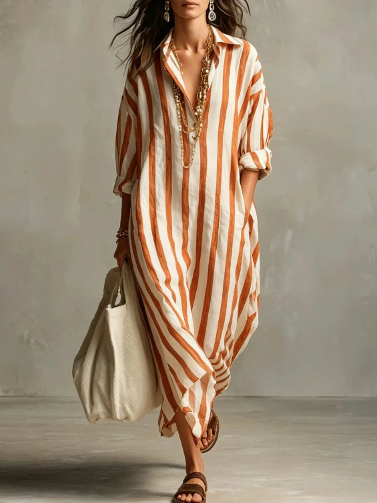 Summer Lightweight Loose Striped Long Shirt Dress, Women's Comfortable Stylish Collared Three-Quarter Sleeve Pocket Dress, Comfortable and Stylish, Casual Comfy Fashion