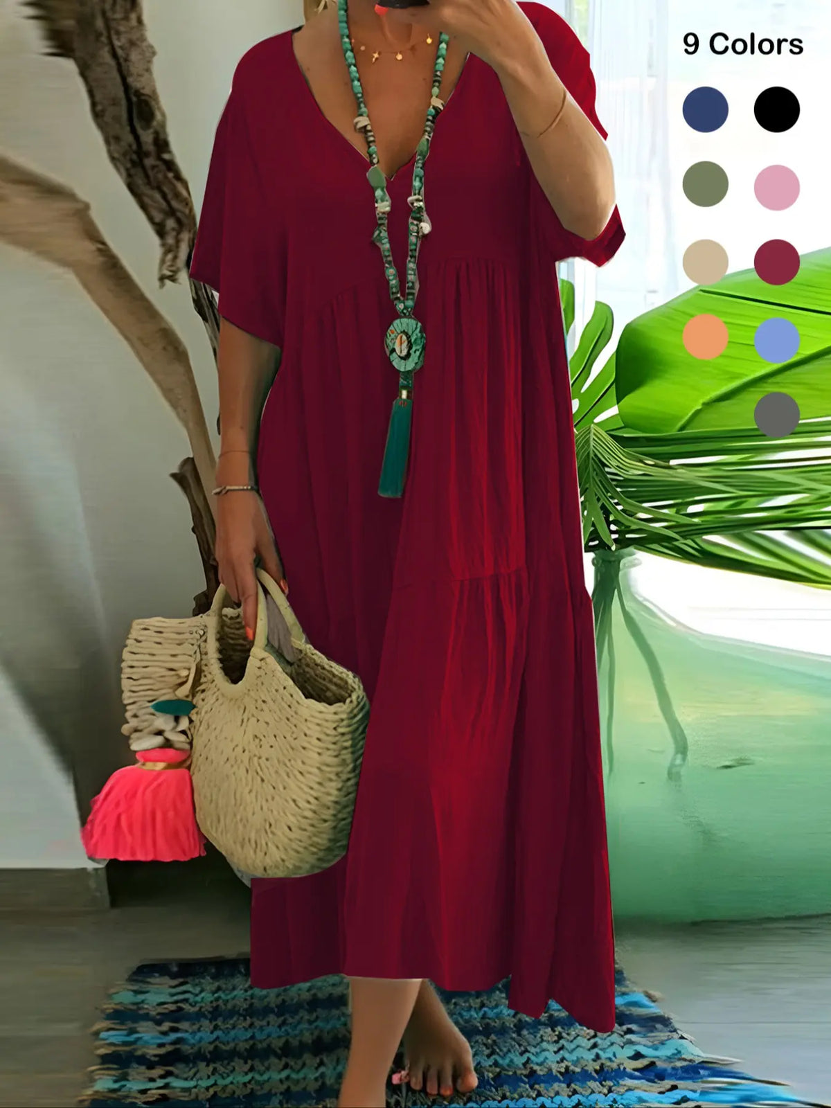 Plus Size Women's Summer Casual Loose V-Neck Plain Long Dress Boho Style, Short Sleeve, Tiered Layer, Spring & Fall Fashion Vibe