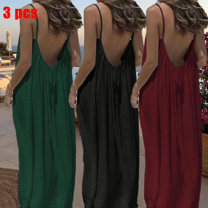 GYNLEUX Women's Basic Solid Color Backless Cami Dress - 1-3 Pcs, Comfortable Fabric Casual Women's Clothing for Summer Beach Holiday Sleeveless Dress, Backless Dress