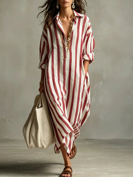 Summer Lightweight Loose Striped Long Shirt Dress, Women's Comfortable Stylish Collared Three-Quarter Sleeve Pocket Dress, Comfortable and Stylish, Casual Comfy Fashion