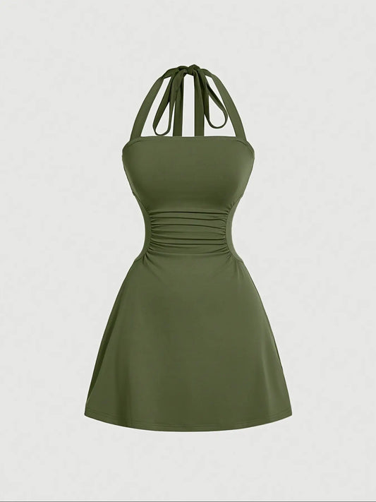 Women's Solid Fit Ruched Tie Back Backless Halter Neck Dress Womenswear Sleeveless A Line Short Dress for Summer, Women's Dress for Beach Holiday Summer Dresses