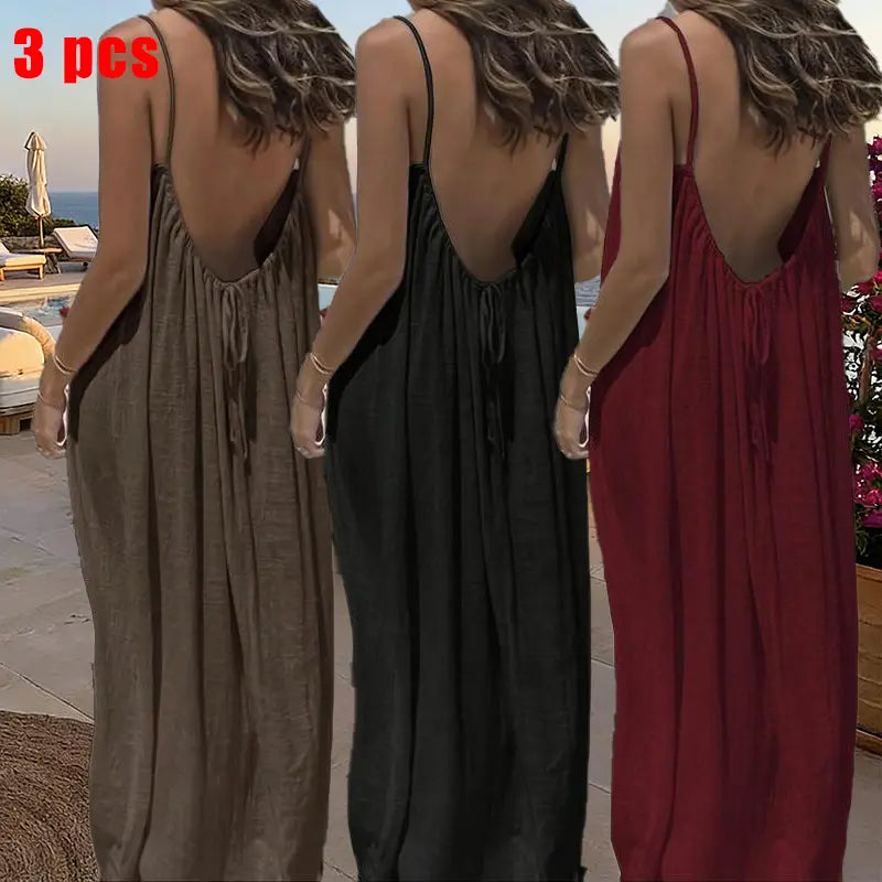 GYNLEUX Women's Basic Solid Color Backless Cami Dress - 1-3 Pcs, Comfortable Fabric Casual Women's Clothing for Summer Beach Holiday Sleeveless Dress, Backless Dress