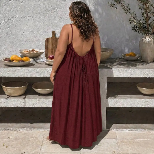 Plus Size Women's Solid Color Backless Spaghetti Strap Cami Dress, Casual Minimalist Sleeveless Oversize Dress for Summer, Ladies Clothes for Beach Holiday Vacation, Backless Dresses, Womenswear
