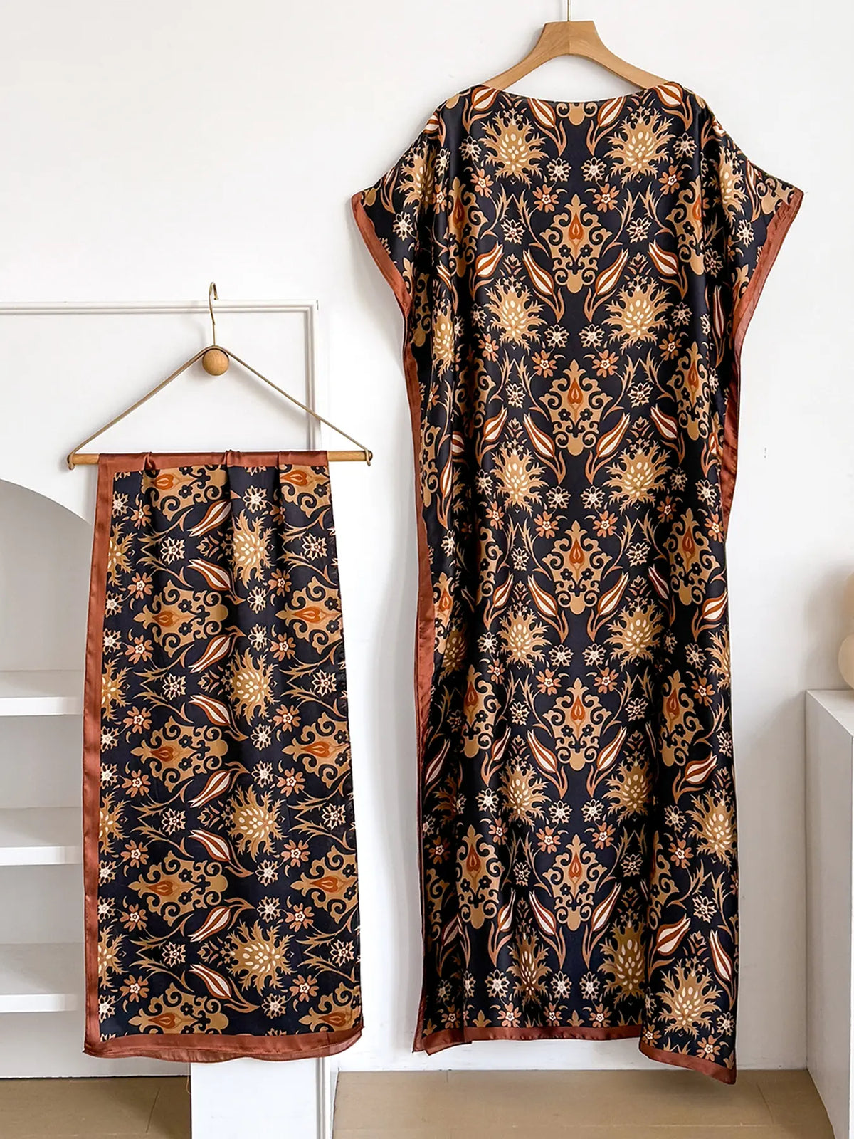 Women's Fashion Print Long Robe Outfit Set, Moomoo Dress + Scarf Headband, Casual Woven Fabric Thin All-Season Wear, Beach Sun Protection