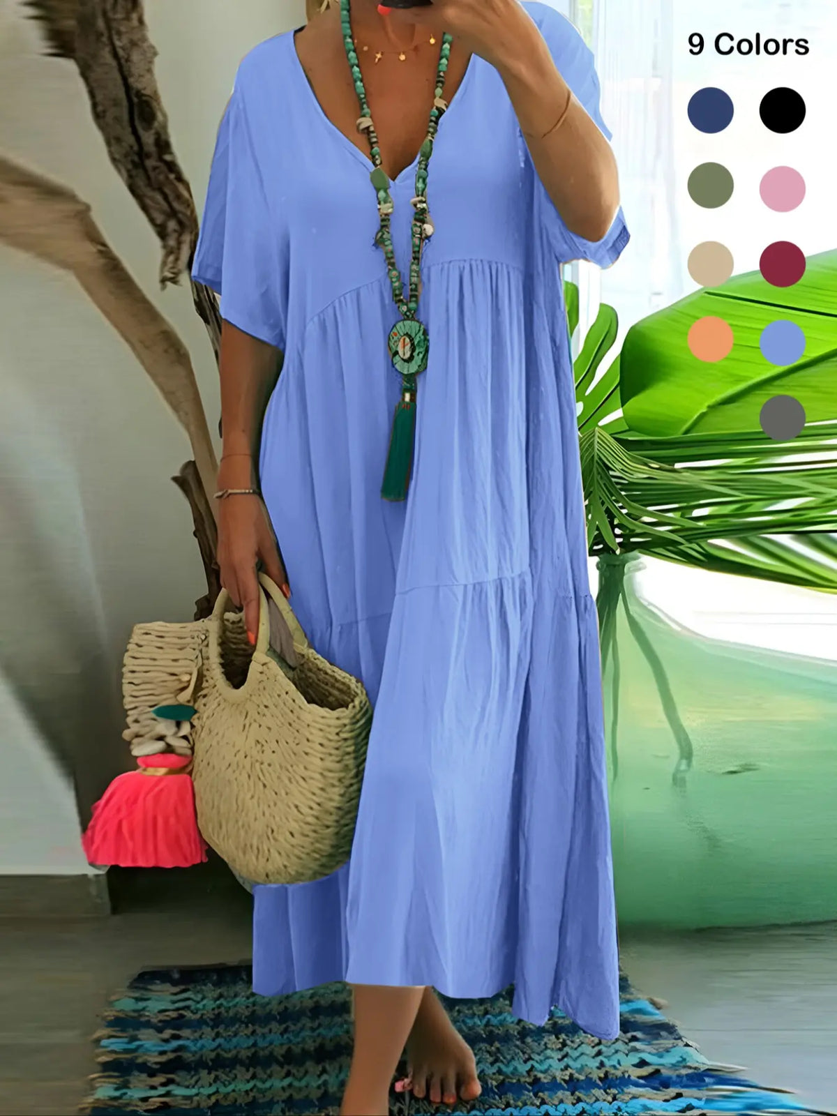 Plus Size Women's Summer Casual Loose V-Neck Plain Long Dress Boho Style, Short Sleeve, Tiered Layer, Spring & Fall Fashion Vibe