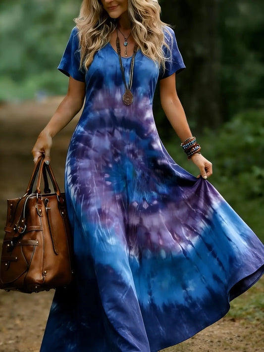 Plus Size Tie-Dye V-Neck Short-Sleeve Maxi Dress Casual Loose Fit, Y2K Clothes Summer Daily Wear, Bohemian Dresses, Casual Boho Fashion, Party Casual Wear
