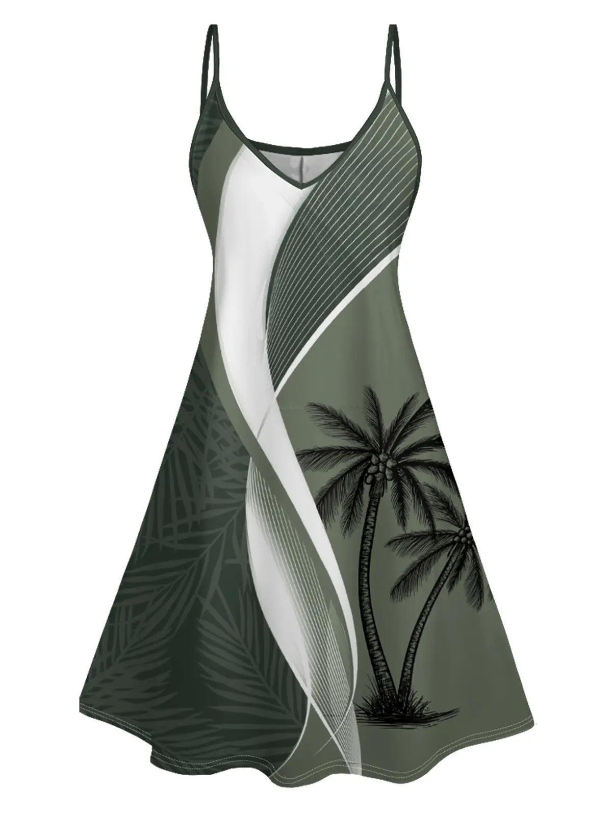 DRESSLILY 2025 Spring Style Couples Clothing Set - Women's High-Waist Polyester Colorblock Coconut Tree Leaf Print Sleeveless Spaghetti Strap Maxi Vacation Dress, Men's Roll-Up Sleeve Overall Fit Shirt