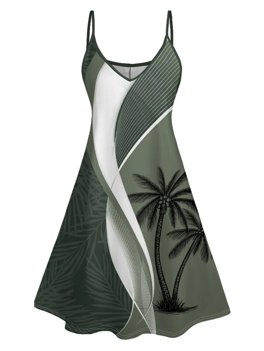 DRESSLILY 2025 Spring Style Couples Clothing Set - Women's High-Waist Polyester Colorblock Coconut Tree Leaf Print Sleeveless Spaghetti Strap Maxi Vacation Dress, Men's Roll-Up Sleeve Overall Fit Shirt