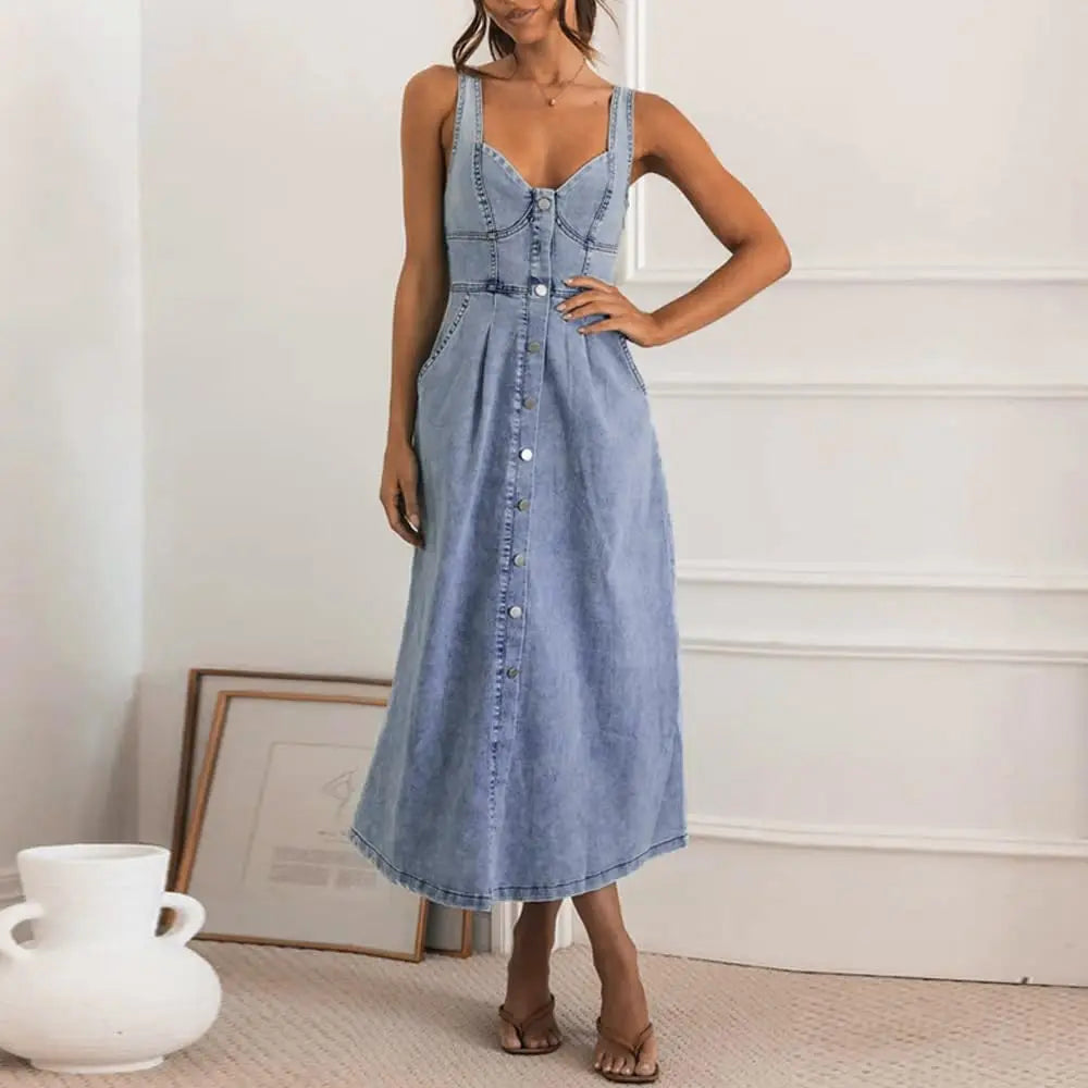 utcoco Women's Denim Midi Buttoned Dress - Slim-Fit, Sleeveless, Button-Down, Minimalist Casual Going Out Wear for Brunch, Western OOTD