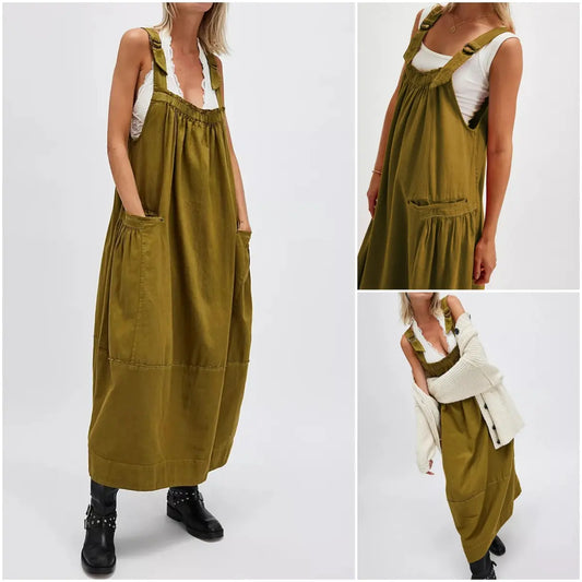 Yeokou Women's Fall Barrel Dress Maxi Cotton Dress with Big Pockets & Adjustable Straps Minimalist