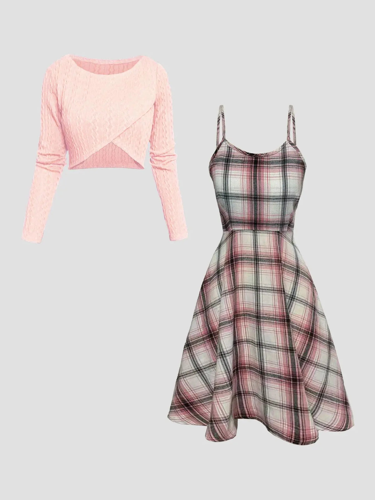 Women's Solid Wrap Hem Round Neck Textured Long Sleeve Crop Top & Plaid Print A-Line Dress Set, Preppy Fashion Cozy Stretchy Casual Chic Outfit for School, Daily & Casual Wear, Women's Clothing for Spring & Fall, Casual Lightweight Dress