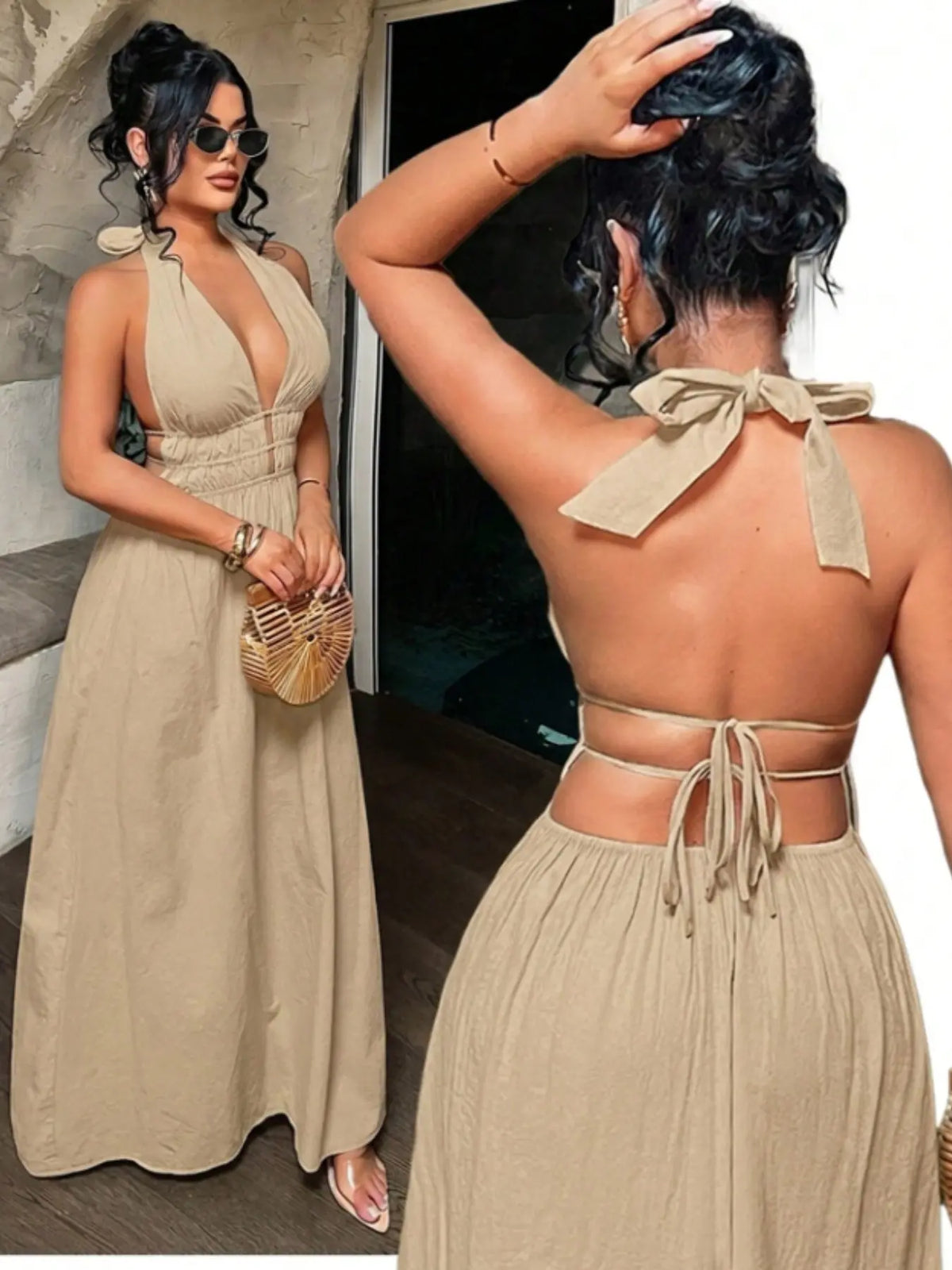 Women's Solid Color Deep V Neck Backless Ruched Design Sexy Maxi Dress,Summer Dresses For Women
