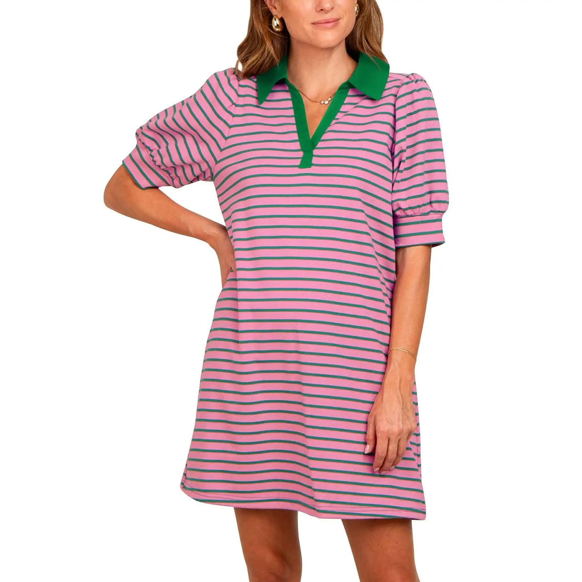 Imily Bela Women's Summer Lapel Collared V Neck Striped Dress Casual Puff Short Sleeve Polo Tshirt Dresses with Pockets