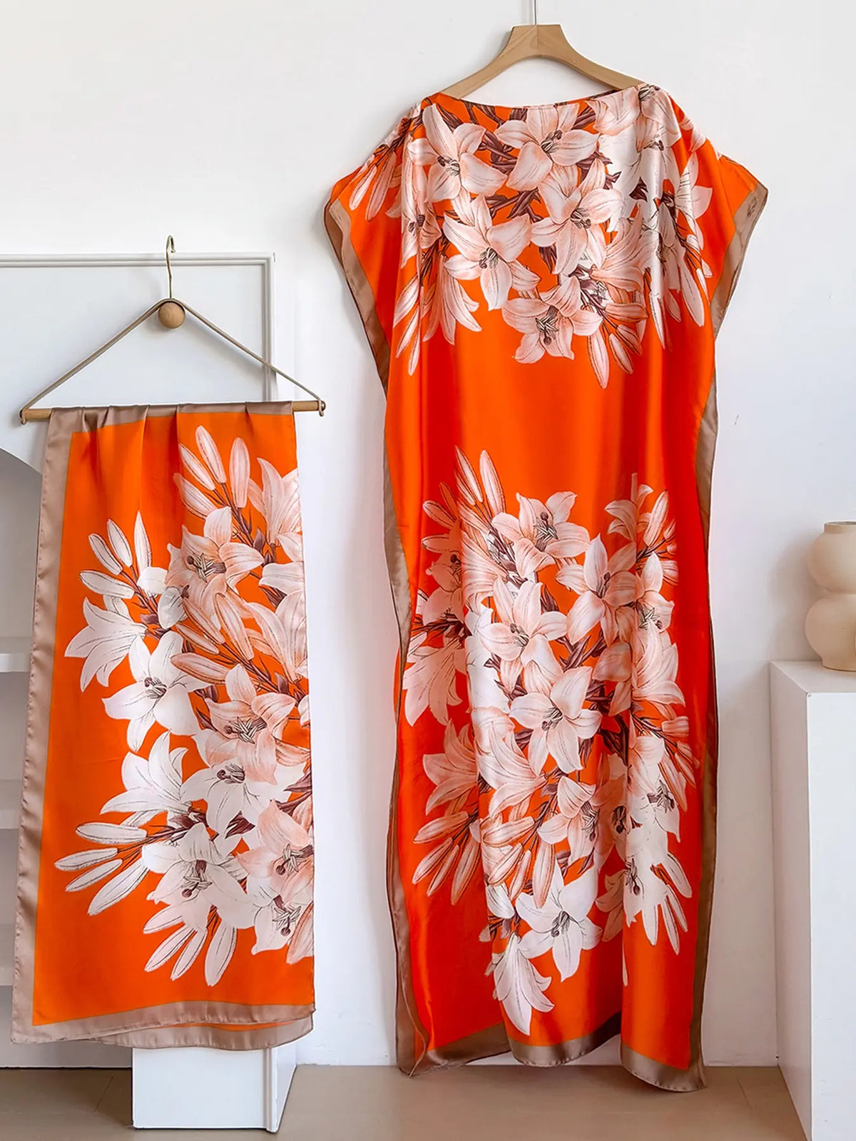 Women's Fashion Print Long Robe Outfit Set, Moomoo Dress + Scarf Headband, Casual Woven Fabric Thin All-Season Wear, Beach Sun Protection