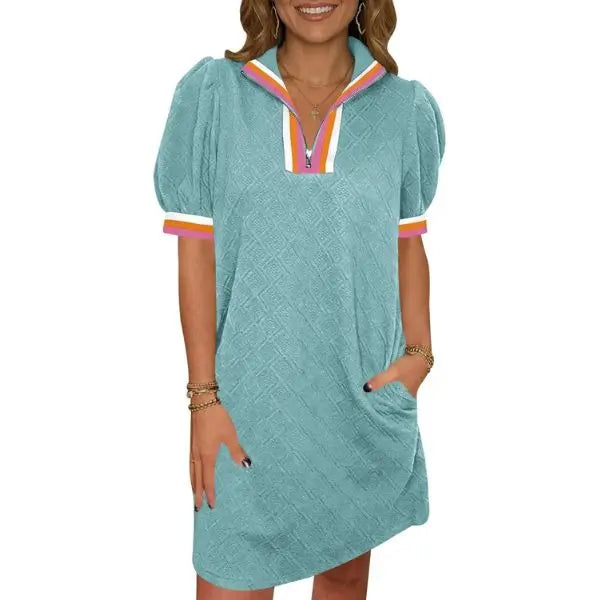 FISOEW Women's Summer Polyester Elastane Short-Sleeve Mini Dress - Quarter-Zip V-Neck, Textured Fabric, Loose-Fit Casual Athletic Wear (Sky)
