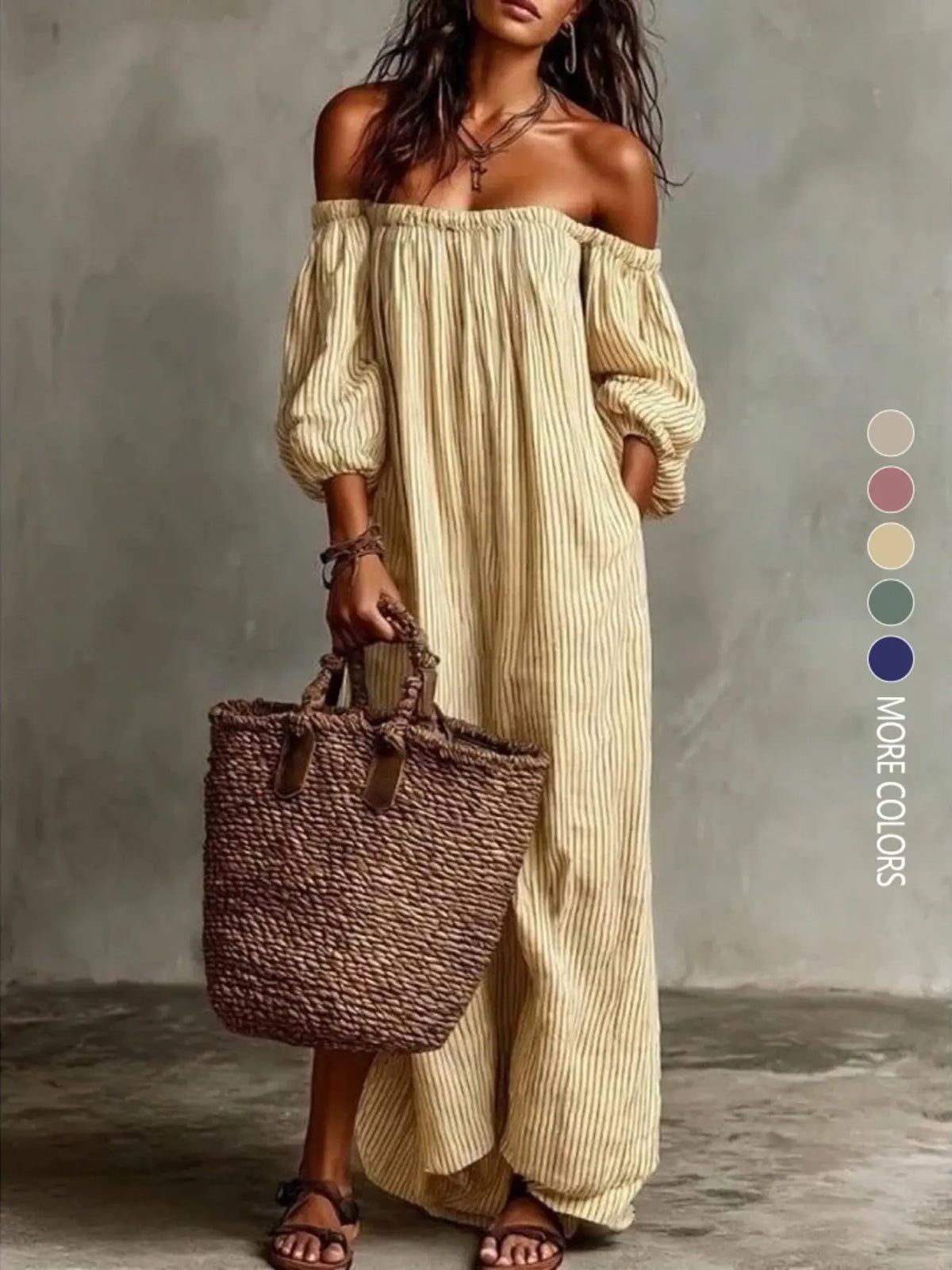 Summer New Elegant Chic Loose Off-Shoulder Striped Dress Sundress