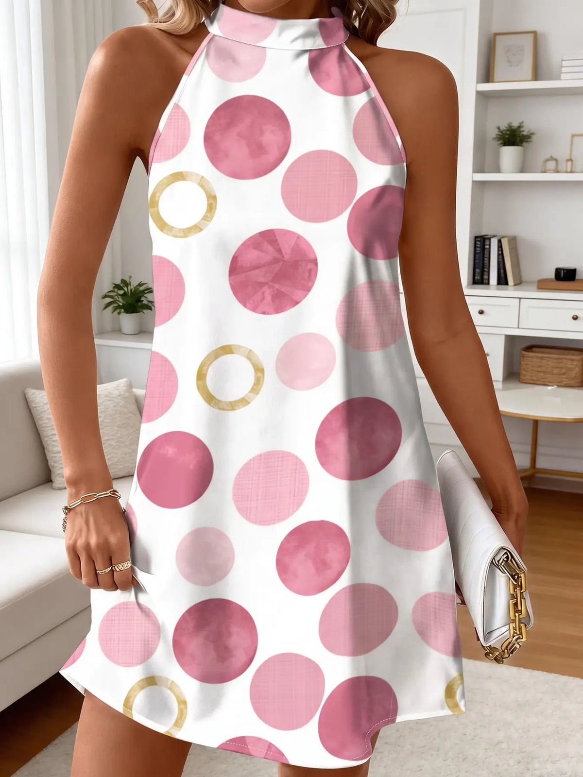 New Summer Women's Halter Dress, Polka Dot Print, Back Tie, Loose A-Line, Knee-Length, Sleeveless, Holiday Style, Unlined, Fashion Sundress