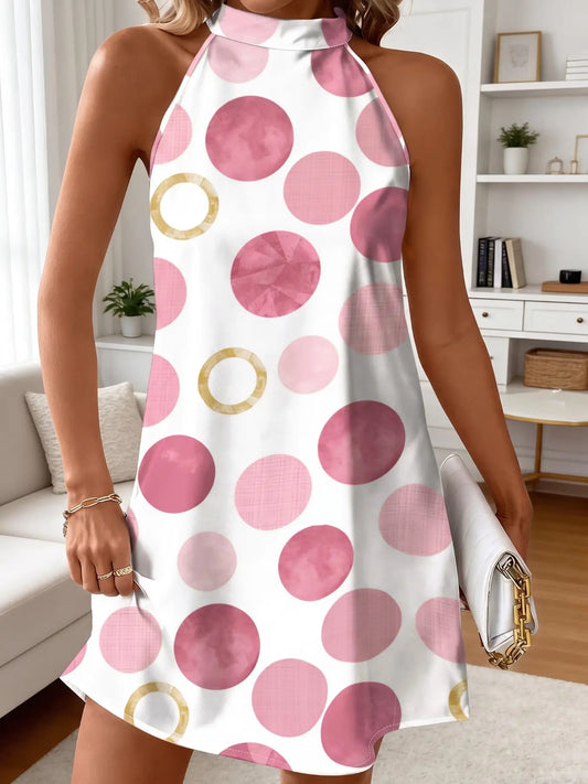 New Summer Women's Halter Dress, Polka Dot Print, Back Tie, Loose A-Line, Knee-Length, Sleeveless, Holiday Style, Unlined, Fashion Sundress