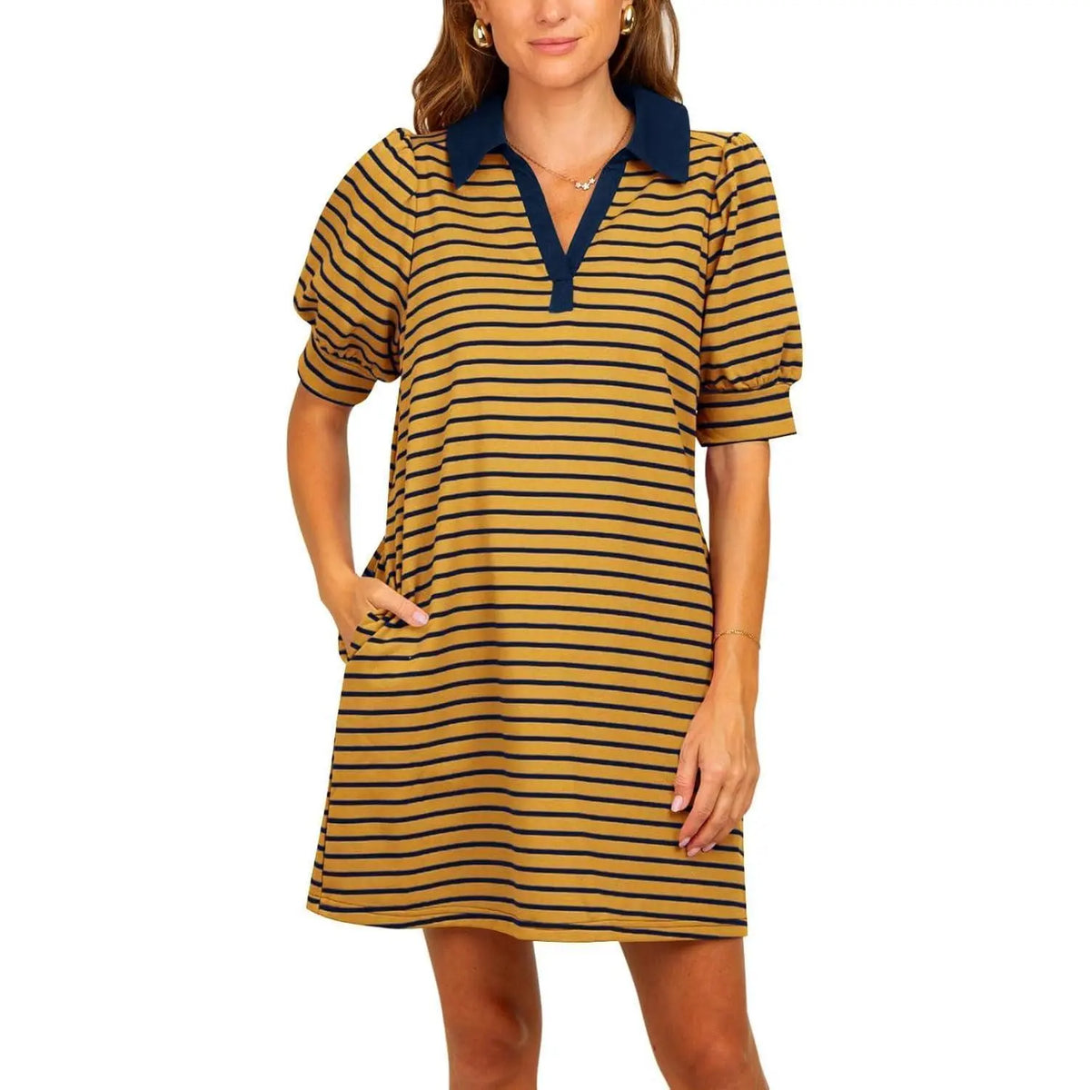 Imily Bela Women's Summer Lapel Collared V Neck Striped Dress Casual Puff Short Sleeve Polo Tshirt Dresses with Pockets