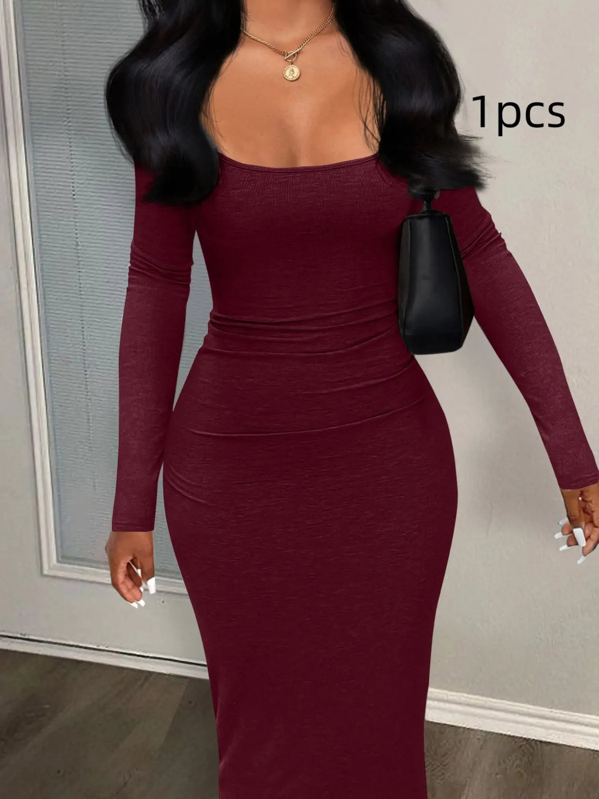 Women's Sexy Plain U Neck Long Sleeve Bodycon Cut Dress, Minimalist Solid Tight Sleeve Long Dress for Fall, Ladies Clothes for Fall, Womenswear, Casual Fashionable Dress, Chic