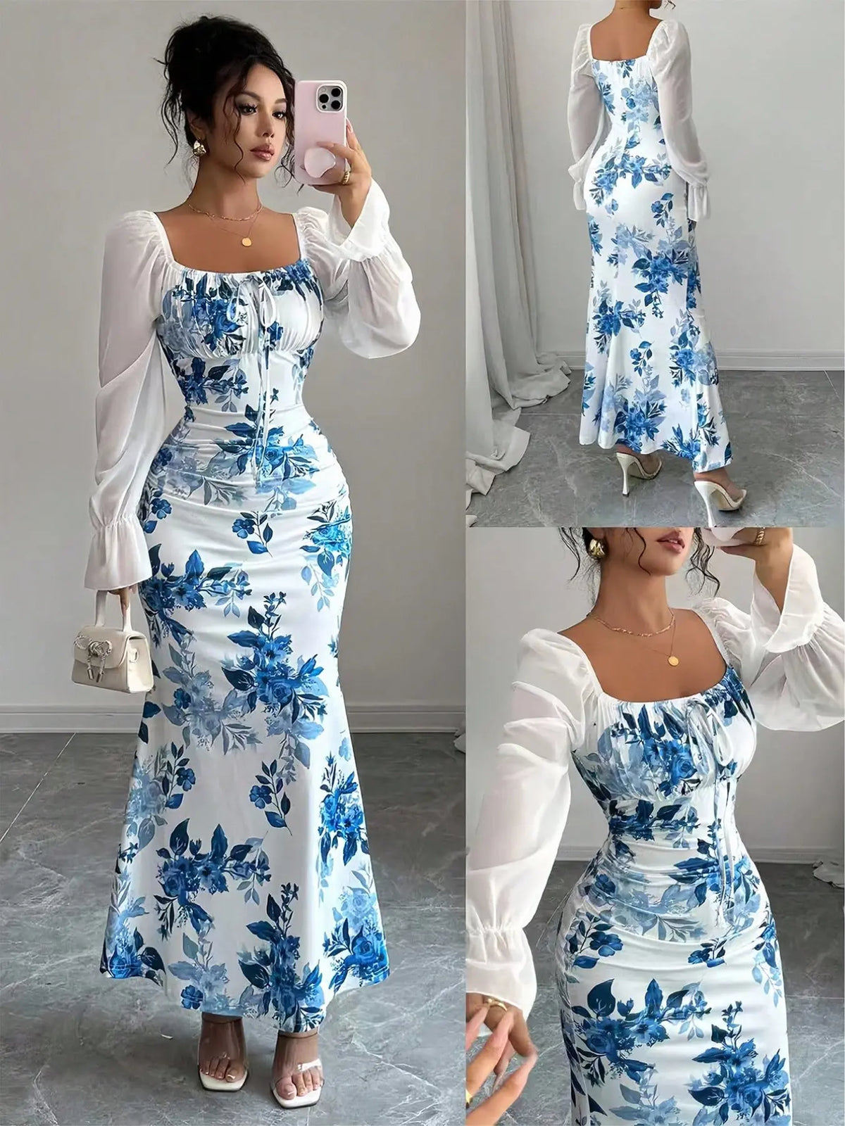 New Women's Floral Pattern Square Neck Tie Front Bubble Sleeve Chiffon Dress Summer Dresses, Casual Boho Breathable, Elegant Long Dress for Parties, Casual Wear, Chic Slim-Fit Dress for Spring, Summer and Fall, Boho Style Clothes