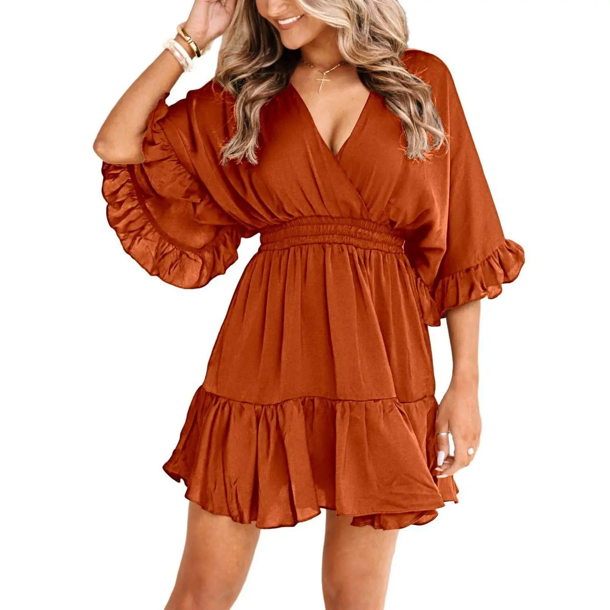Imily Bela Womens V Neck Casual Dresses Summer Loose High Waist Ruffle Pleated Cute Mini Short Dress