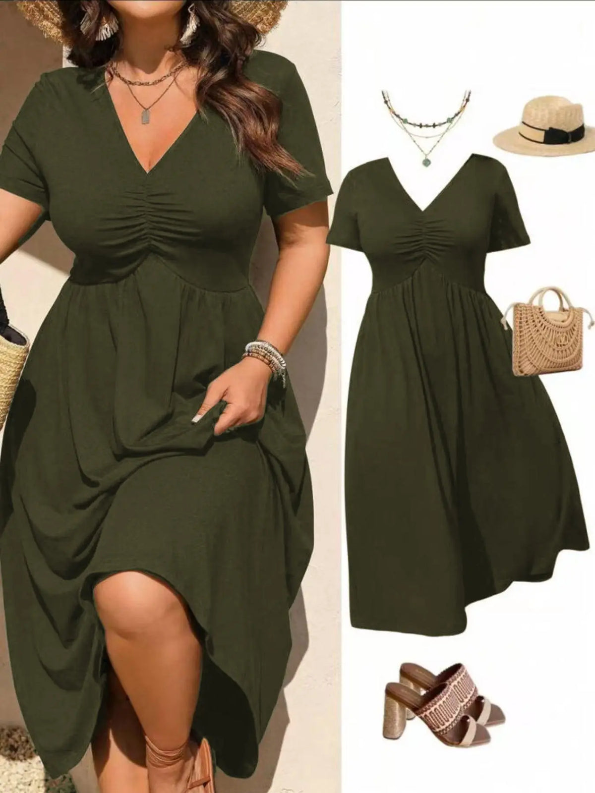 Plus Size Basic V-Neck Ruched Short Sleeve Midi Dress, Casual Summer Flowy A-Line Dress, Women's Fashion Clothing, Casual Wear