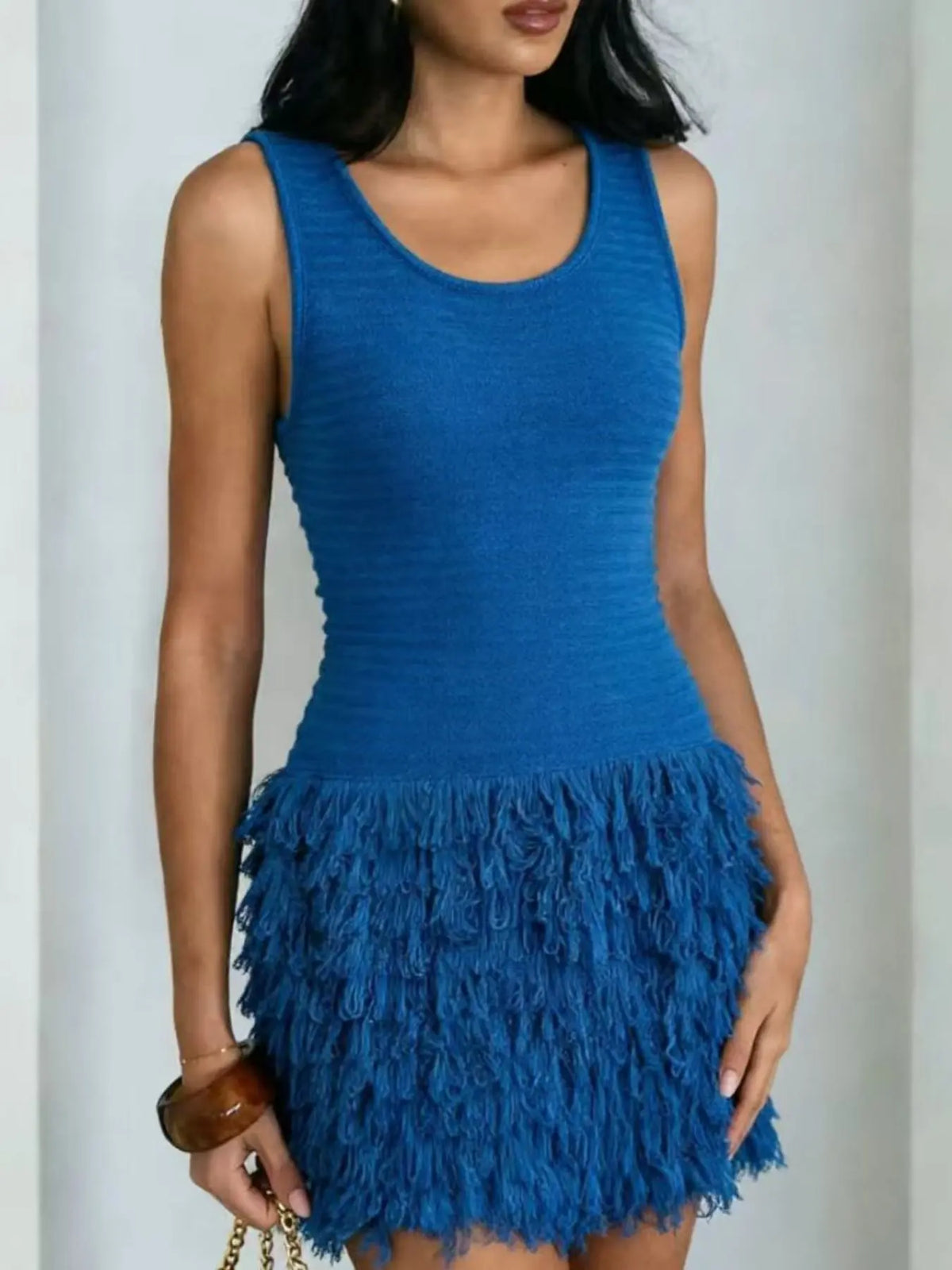 Elegant Knitted Dress for Women, Summer Vacation Fringe Dress, Slim-Fitting Bodycon Summer Dress, Plain Round Neck Sleeveless Dress for Spring & Summer