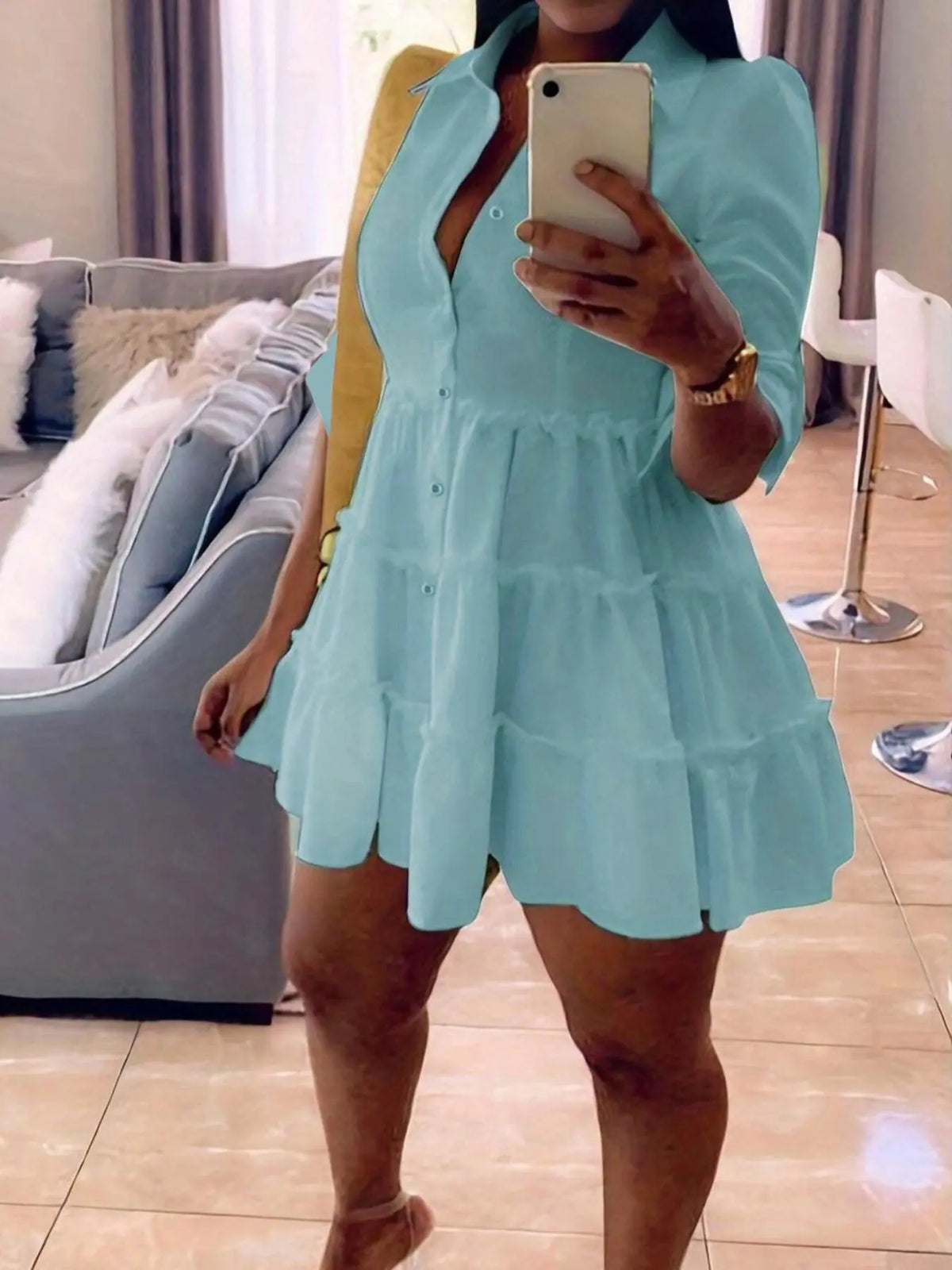 Women's Plain Collared Button-Front Shirt Dress with Frill Trim & Roll-Up Sleeves, Elegant Fashion Fitted Short Dress for Daily Outdoor Wear, Casual Summer Dress, Buttoned Dress, Chic Womenswear