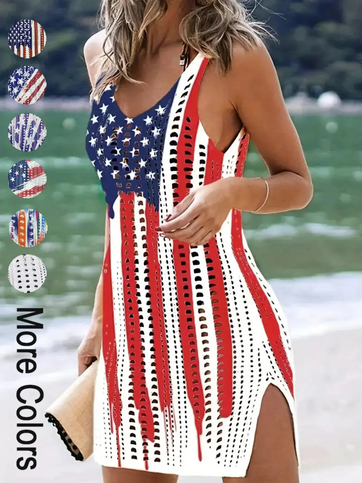 Women's American Flag Pattern Hollow Out Split Thigh Tank Dress, Star & Striped Print Scoop Neck A Line Dress for Summer, Fashion Chic Women's Dress for Beach Holiday, Sleeveless Cutout Dress