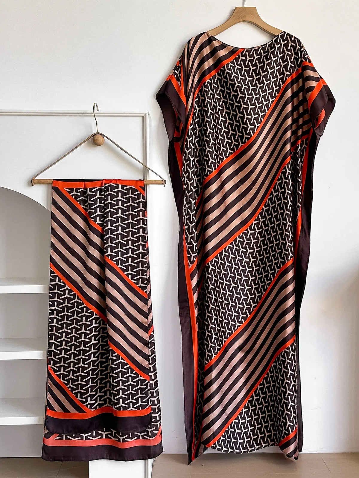Women's Fashion Print Long Robe Outfit Set, Moomoo Dress + Scarf Headband, Casual Woven Fabric Thin All-Season Wear, Beach Sun Protection
