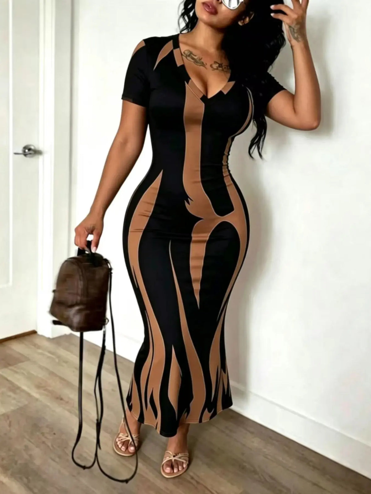 Women's Fashion Slim-Fit Printed Unlined Short-Sleeve Long Dress, Elegant All-Over Print, All-Season Wear, Summer Dresses
