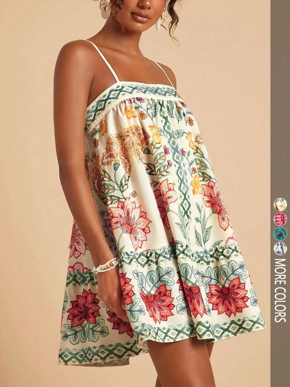 Women's casual vacation beach summer floral print spaghetti strap boho sundress, seasonal holiday set, spring break set, party set, beach set, bohemian style dress, Flowy Summer Dress