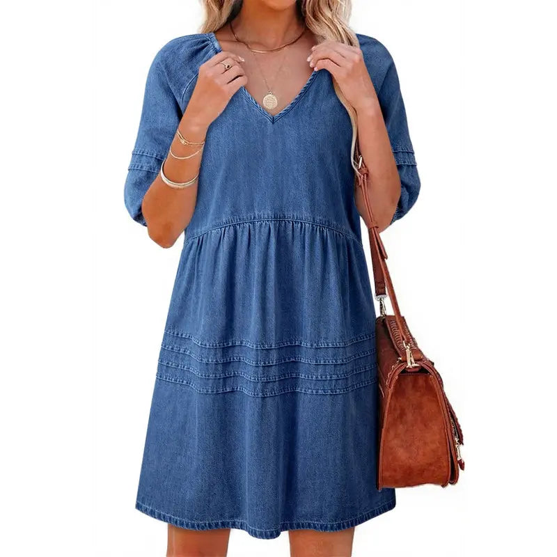 Dokotoo Denim Dress for Women Casual V Neck Puff Short Sleeve Mini Jean Dress Cute Back Tie Summer Dresses