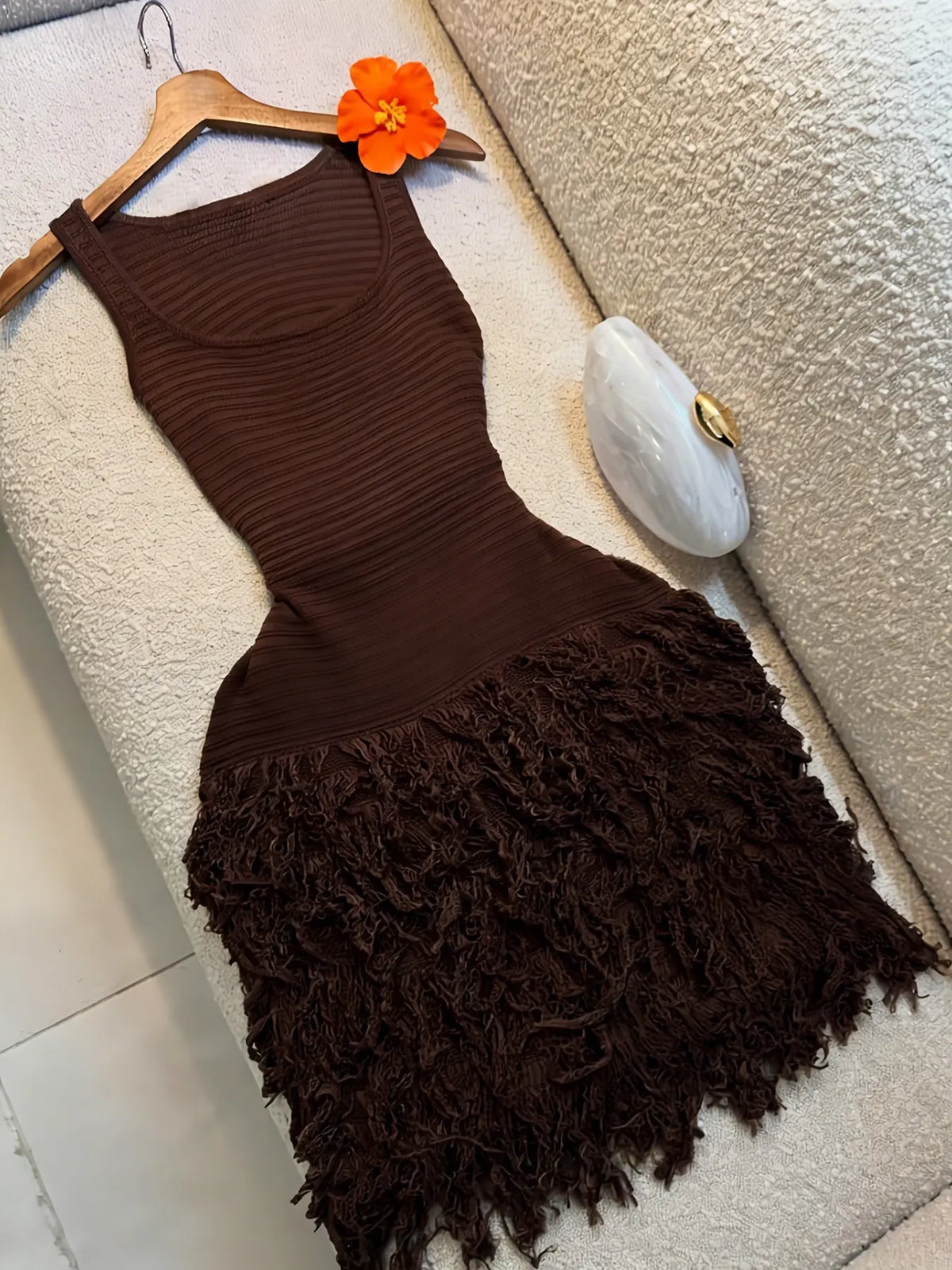 Elegant Knitted Dress for Women, Summer Vacation Fringe Dress, Slim-Fitting Bodycon Summer Dress, Plain Round Neck Sleeveless Dress for Spring & Summer