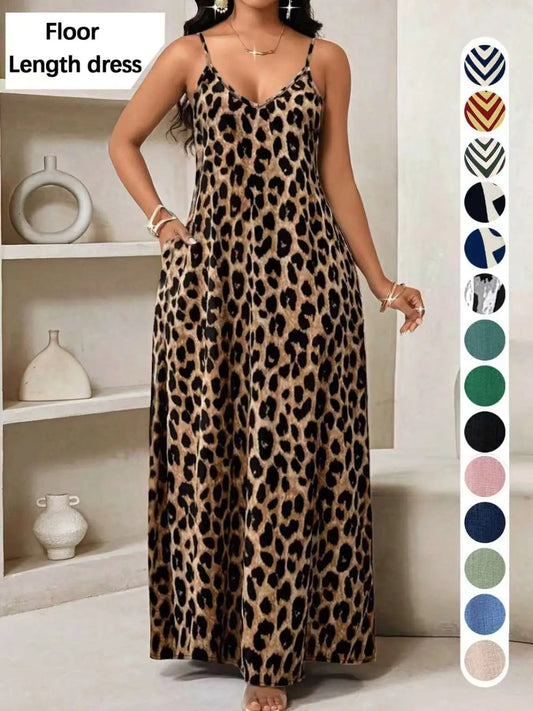 Summer Leopard Print Dress, Sleeveless Long Dress, Casual A-Line Dress with Pockets, Loose Fit, V-Neck, Beach & Travel Wear