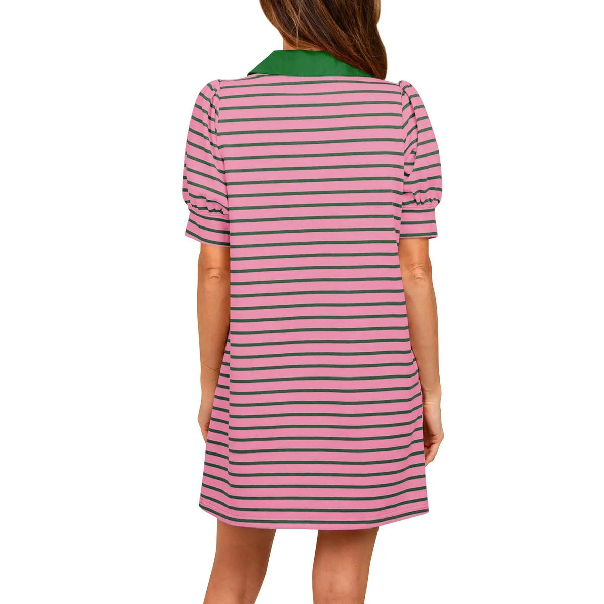 Imily Bela Women's Summer Lapel Collared V Neck Striped Dress Casual Puff Short Sleeve Polo Tshirt Dresses with Pockets